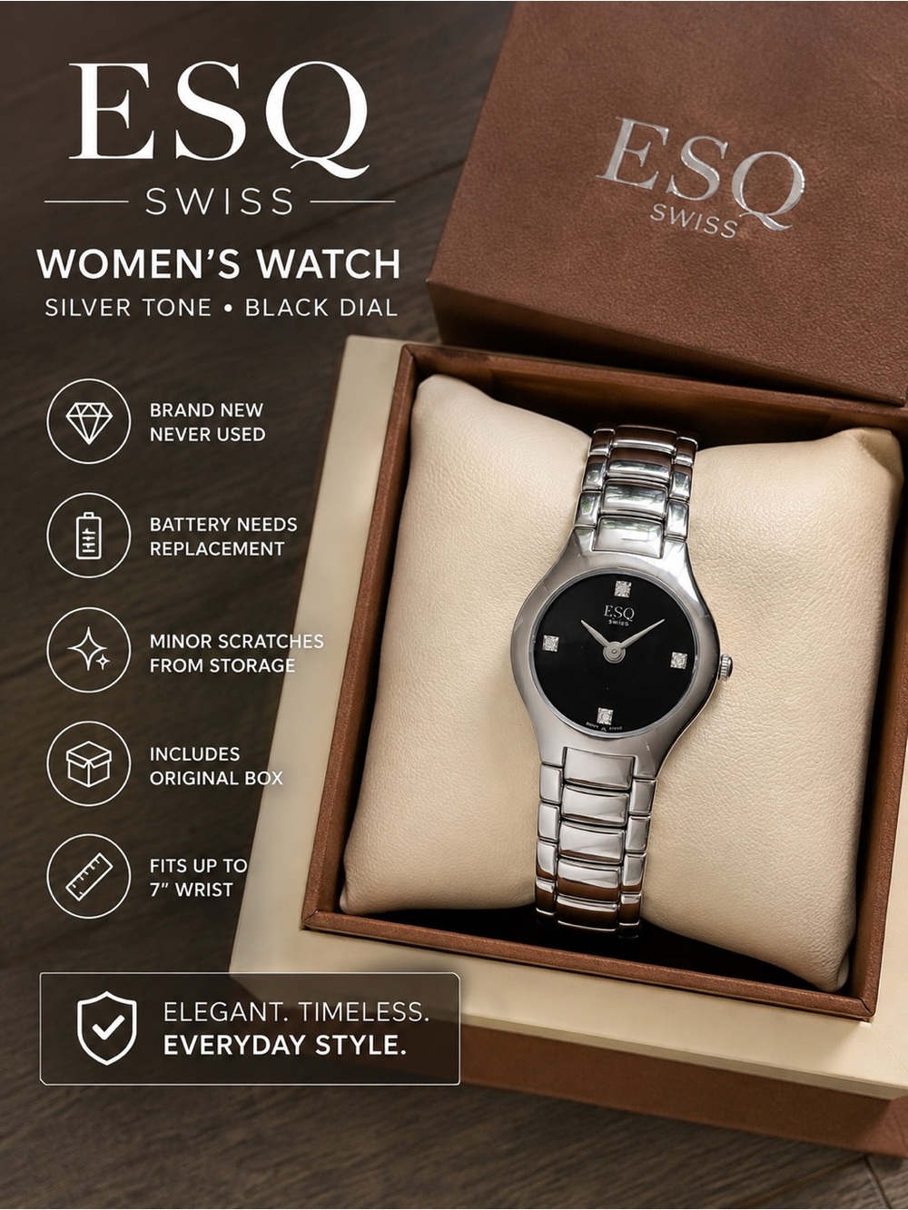 ESQ Swiss Women’s Silver Stainless Steel Black Dial Watch w/ Box